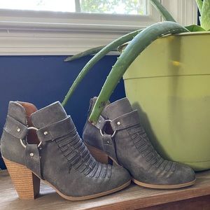 Gray heeled booties